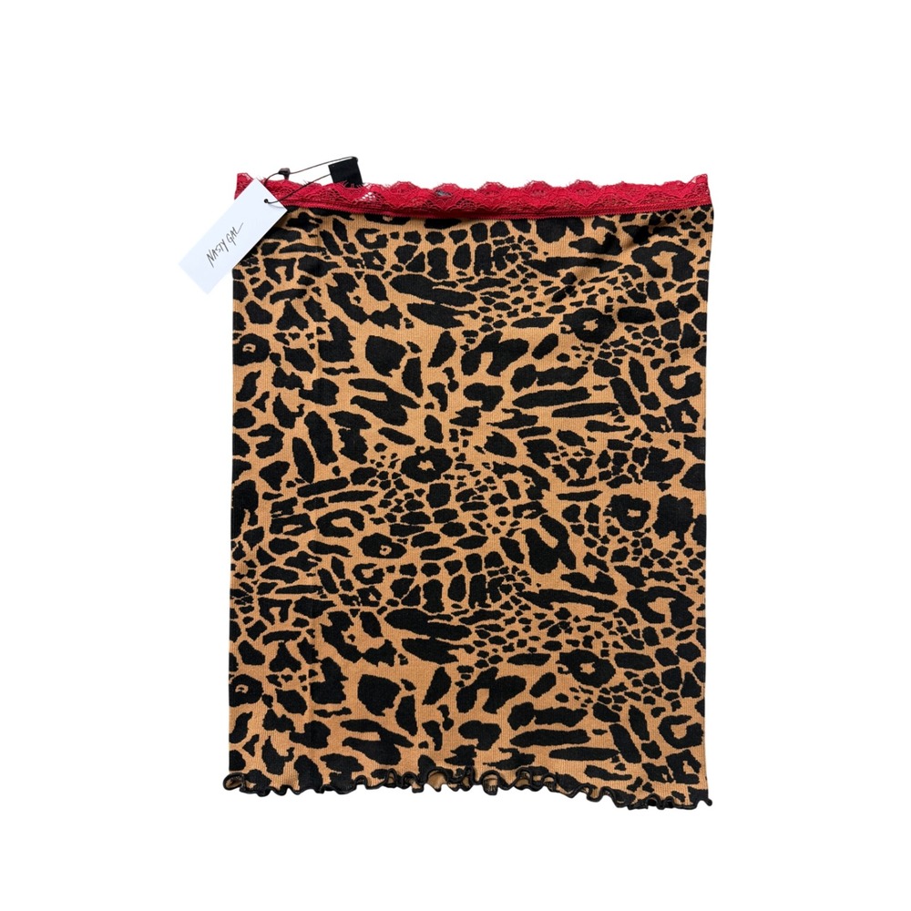 NWT Nasty Gal Leopard Print Mini Skirt M-L Red Lace Trim Animal Print Rocker